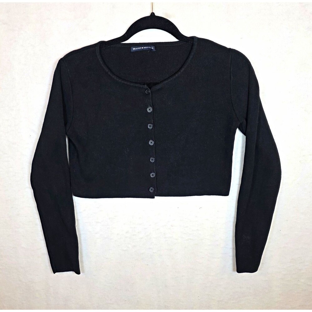 Brandy Melville Black Rib-Knit Cropped Button-Front Cotton Cardigan One Size